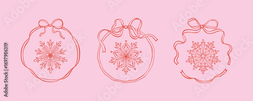 Set of coquettish hand drawn doodle bow ribbon frames and cute sketch snow flakes. Design elements for Christmas greeting cards, New year and bachelorette party invitations, restaurant menu