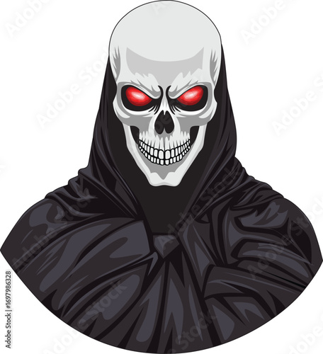 Creepy Skull Men In Hooded Cape With Glowing Red Eyes Vector