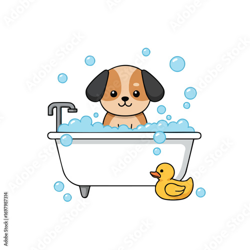 A cute dog sits patiently in a bubbly bathtub with a yellow rubber duck, depicted in a vibrant 2D flat vector illustration style on a clean white background.