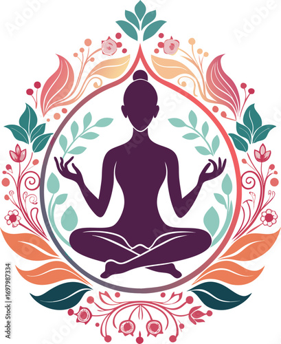 Vector illustration of a woman in lotus position, set against a colorful floral backdrop.