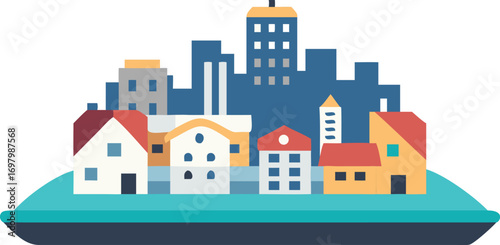 Colorful flat illustration depicting a city with diverse buildings and structures under a bright sky.