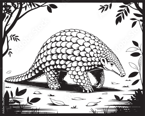 Pangolin Wildlife Illustration, Engraving Style Line Art, Vector Design for Stock, High Contrast Black and White, Minimal Background, Realistic Pangolin Drawing