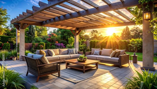 Outdoor patio area at sunset