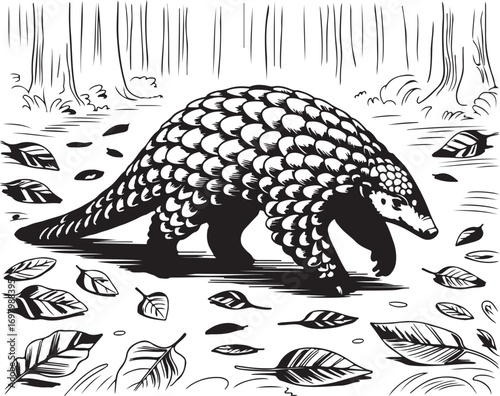 Pangolin Wildlife Illustration, Engraving Style Line Art, Vector Design for Stock, High Contrast Black and White, Minimal Background, Realistic Pangolin Drawing