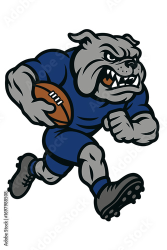 Angry bulldog mascot running with football, fierce animal sports team logo vector
