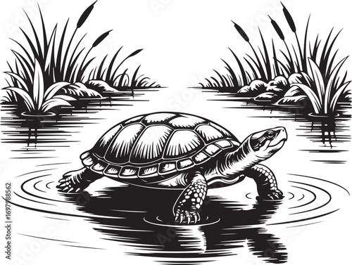 Vintage engraving Local Turtle sketch vector art illustration, old vintage turtle on water design.
