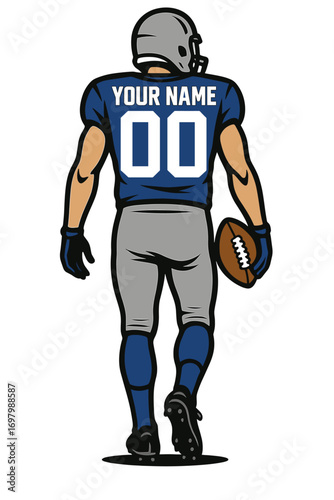 Back view football player with custom name and number, editable jersey vector design

