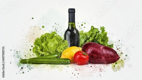 Watercolor Still Life: Vibrant Vegetables & Dark Wine Bottle