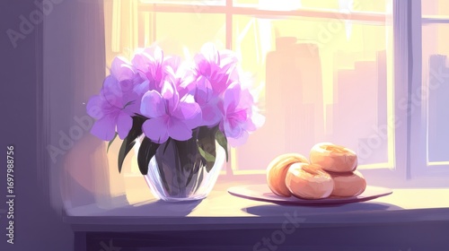 Serene Still Life: Pink Flowers, Pastries, and Window Light, Artistic Illustration.
