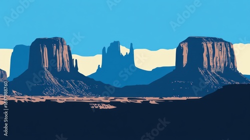 Monument Valley's Majestic Buttes: A Striking Pop Art Landscape in Blues and Browns