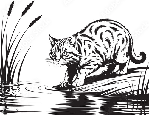 Fishing Cat Wildlife Illustration, Line Art Engraving Style, Vector Animal Artwork, Realistic Fishing Cat on Riverbank, Black and White.