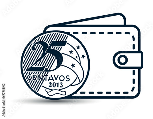 Brazilian money with a wallet in the background. A 25 centavos coin next to the wallet. The illustration is depicted in black and white style.