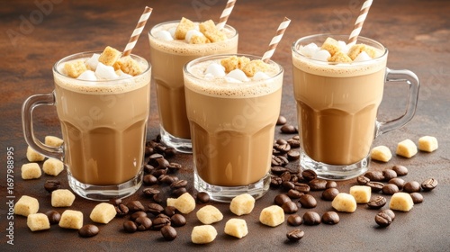 Frothy Coffee Drinks with Marshmallows and Cubes, Coffee Beans, Warm Tones.