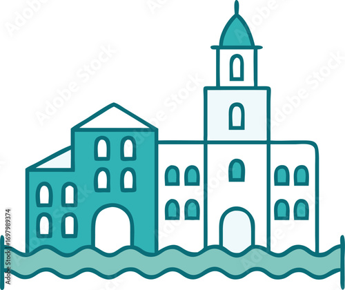 A building featuring a clock tower, prominently located in the middle of a serene water landscape.