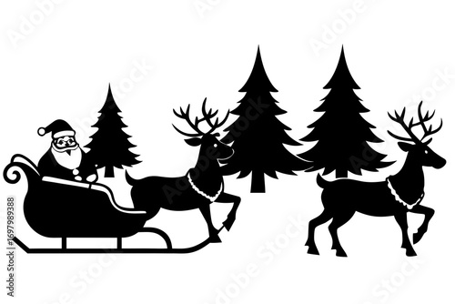Santa Claus riding sleigh with reindeer in snowy forest,  winter holiday vector illustration