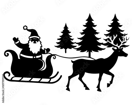 Santa Claus riding sleigh with reindeer in snowy forest,  winter holiday vector illustration