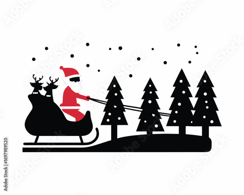 Santa Claus riding sleigh with reindeer in snowy forest,  winter holiday vector illustration