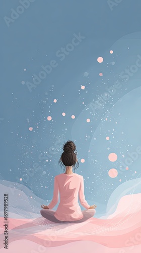 A Serene Woman Sitting Gracefully in a Beautiful Setting Surrounded by Pink Clouds Creating a Dreamy Atmosphere