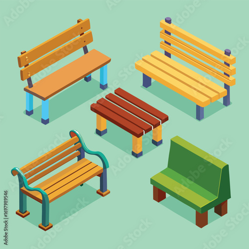 A collection of five different park benches in an isometric vector style on a light green background.