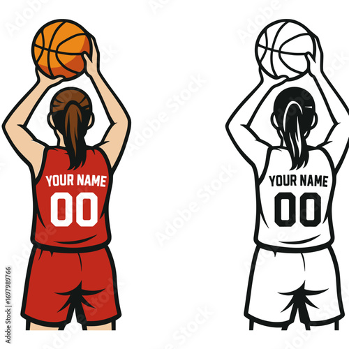 Basketball girl player back view with customizable jersey, sporty vector design for female athlete apparel
