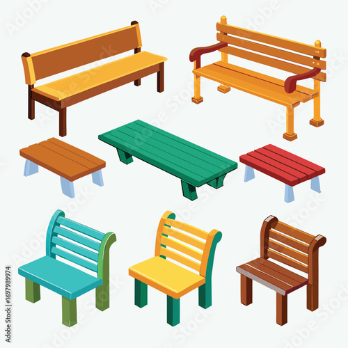 Collection of various park benches and chairs, each with a unique design and color.