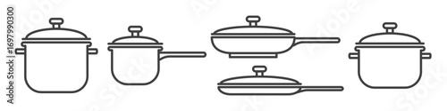 Set of saucepan and frying pan linear icons isolated on transparent background. Collection of simple pots, pans and cookware symbols. Cooking icon set for kitchen appliances and culinary tools.