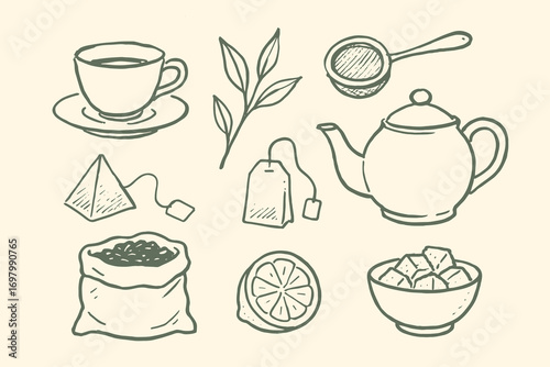 Tea elements minimalist line sketch vector illustration