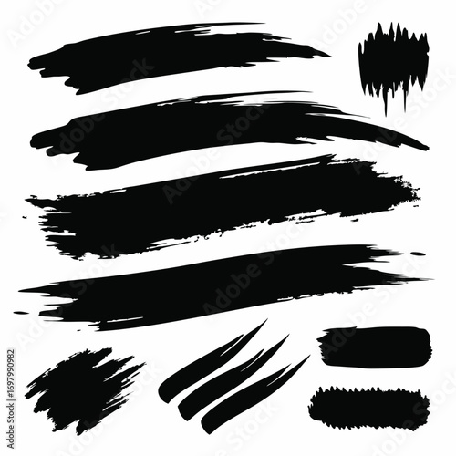 A collection of various black dripping liquid splatters, drops, and blobs isolated on a white background.