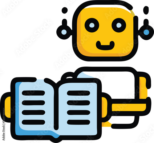 A robot engaged in reading a book, set on a clean white background, highlighting its intellectual curiosity.