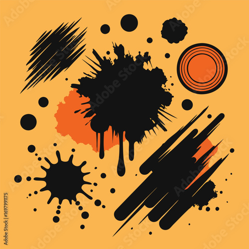 A collection of various black dripping liquid splatters, drops, and blobs isolated on a white background.