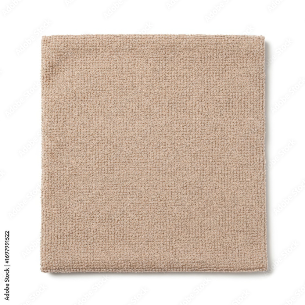 Fototapeta premium Folded square beige fabric napkin with woven texture isolated on a white background.