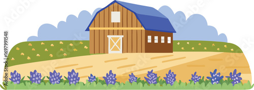 A charming barn set against a backdrop of blue flowers and a bright blue sky.