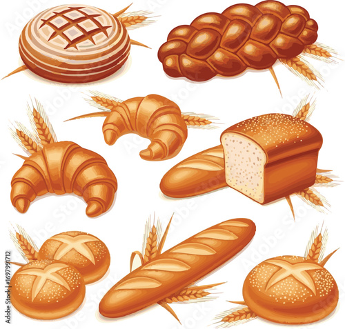 Create a kinds of deferent 3D Alluring Bread product with wheat ears set vector art with white background.