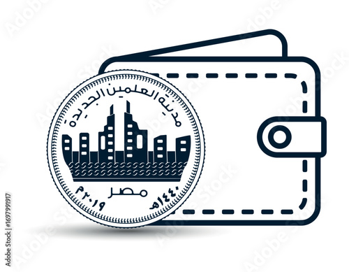 Egyptian money with a wallet in the background. 50 piastres Egypt, city of El Alamein. A 50 piastres coin next to the wallet. The illustration is depicted in black and white style.