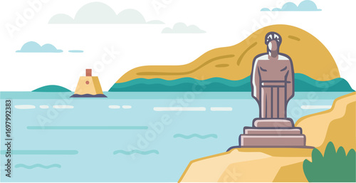 A man’s statue atop a hill overlooks the ocean, capturing a serene moment in nature.