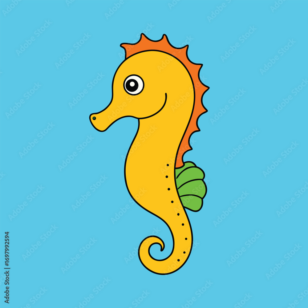 Obraz premium A whimsical cartoon seahorse set against a bright blue backdrop, highlighting its distinctive curves and details.