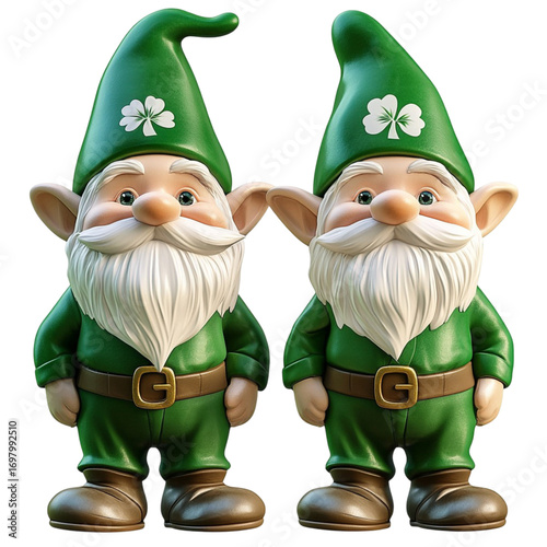 Two charming st patrick's day gnomes with green hats and shamrocks stand side by side perfect for holiday decorations and festive celebrations showcasing irish culture and whimsical design on transpar