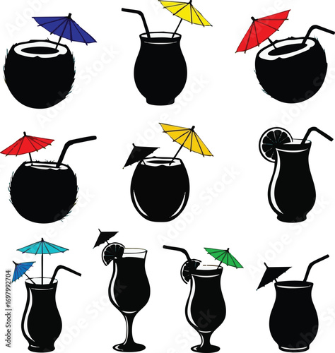 Create a kinds of deferent Tropical coconut drink silhouette with umbrella and straw, summer vacation cocktail, beach drink ,Umbrella vector art color with white background.