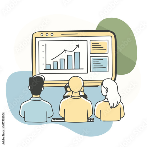 Team reviews rising business growth chart on computer screen, collaborating effectively for success