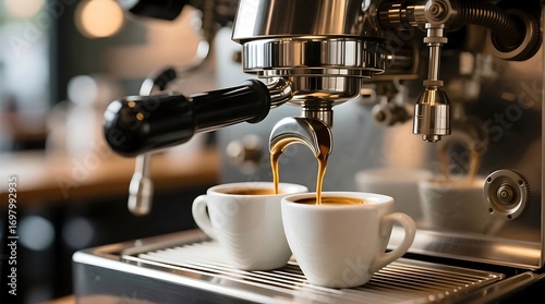 Close up of Espresso Shots Pouring from a Professional Coffee Machine