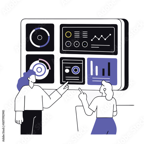 Two professionals collaborate analyzing dynamic data charts on a large modern digital dashboard