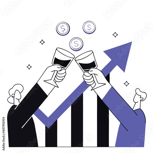 Business growth celebration with rising chart, champagne toast, and flying coins