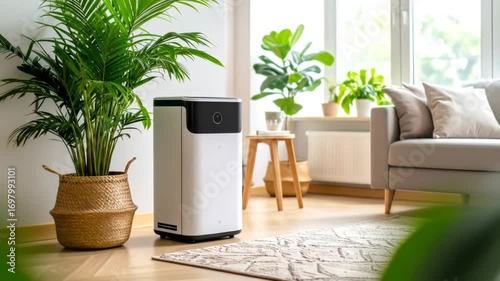 Modern air purifier blending seamlessly into a bright and airy living space