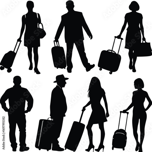 Silhouettes of people with luggage traveling together