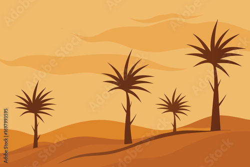 A vector depiction of a desert scene with palm trees, showcasing a warm, sandy environment.