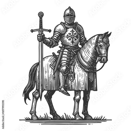 armored medieval knight holding a sword while mounted on a horse, symbolizing chivalry and honor sketch engraving generative ai vector illustration. Scratch board imitation. Black and white image.