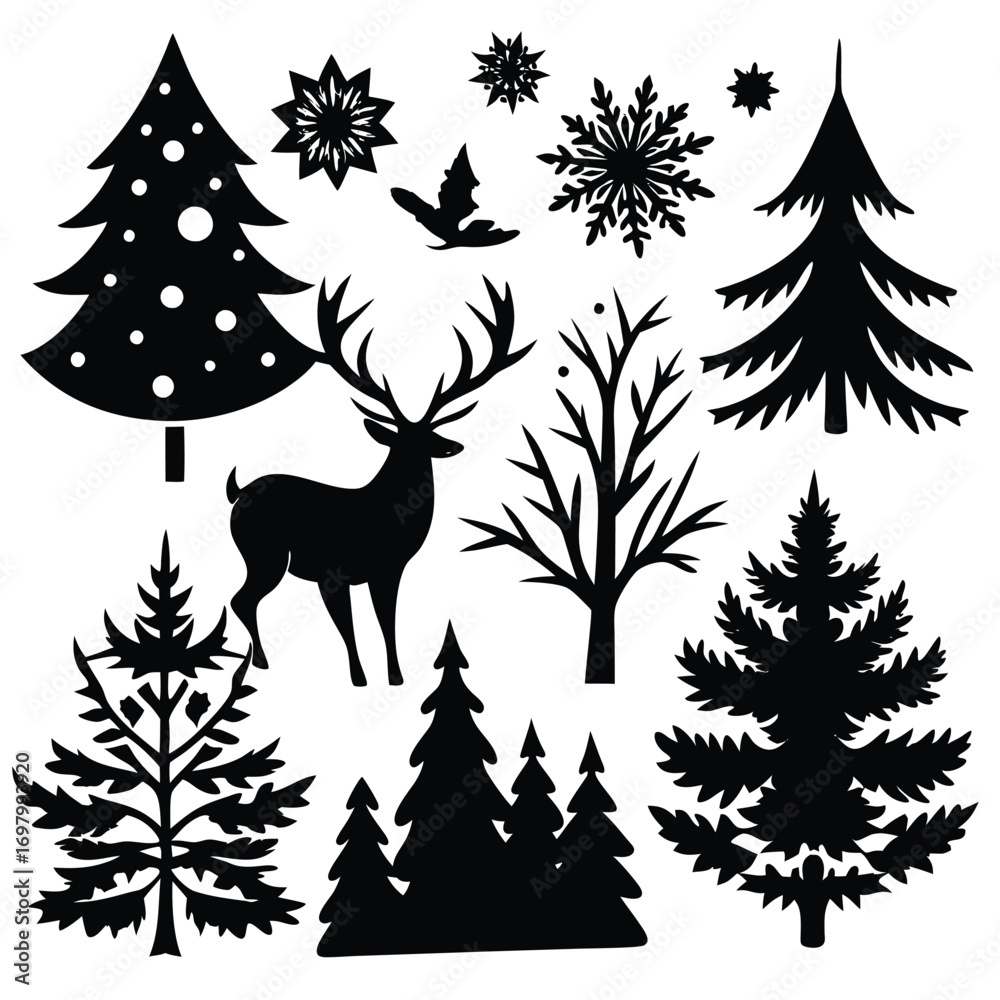 Naklejka premium Christmas tree and deer silhouette collection for winter design