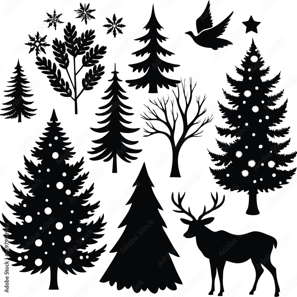 Obraz premium Winter forest scene with Christmas trees and deer silhouette