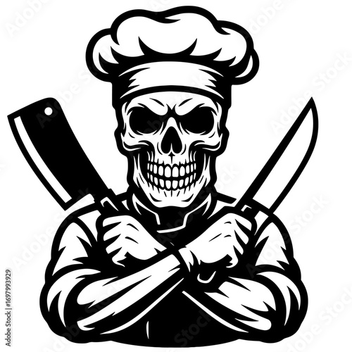 Chef skull with hat, crossed knife and spoon in bold culinary tattoo-style black and white vector illustration
