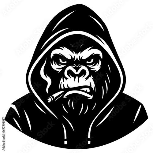 Angry gorilla wearing hoodie in urban street style black and white tattoo-style vector illustration
